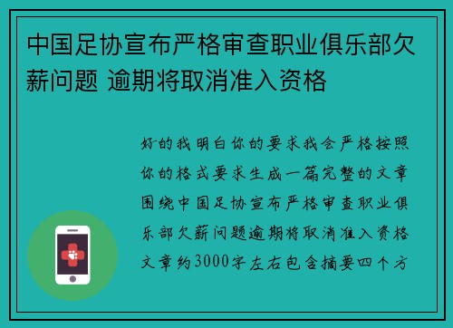 中国足协宣布严格审查职业俱乐部欠薪问题 逾期将取消准入资格