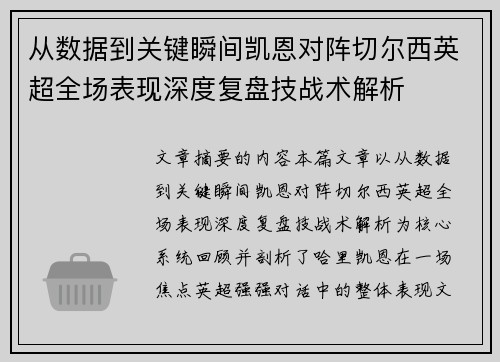 从数据到关键瞬间凯恩对阵切尔西英超全场表现深度复盘技战术解析
